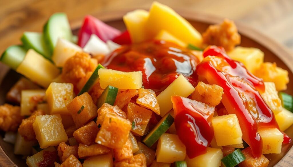 A vibrant and appetizing display of Penang-style fruit rojak, captured in a close-up, high-resolution photograph. In the foreground, a generous mound of crunchy cucumber, juicy pineapple, crisp turnip, and chewy tau pok (fried beancurd puffs) are artfully arranged. The middle ground features a rich, glistening sauce, a perfect balance of sweet, sour, and spicy, drizzled over the fresh ingredients. In the background, a wooden table or tray provides a natural, earthy backdrop, allowing the vibrant colors and textures of the rojak to take center stage. Soft, warm lighting illuminates the scene, highlighting the freshness and vibrancy of the dish. The overall composition conveys the authentic, homemade appeal of this beloved Malaysian street food.