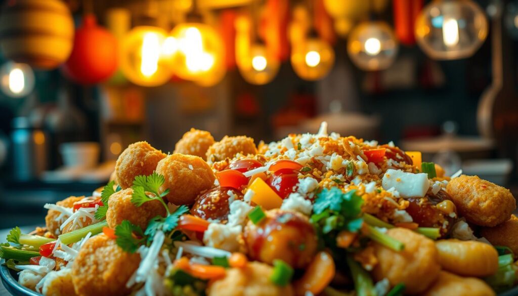 A vibrant and authentic Indian Rojak dish, bursting with a kaleidoscope of flavors and textures. In the foreground, a mouthwatering arrangement of crispy fritters, fresh vegetables, and a tantalizing blend of savory and sweet sauces. The middle ground showcases the dish's signature ingredients, such as fried dough, shredded coconut, and a variety of crunchy toppings. In the background, a dimly lit, cozy Malaysian hawker stall setting, evoking the bustling street food culture that gives Indian Rojak its unique character. Warm, golden lighting casts a inviting glow, while the overall composition emphasizes the dish's visual appeal and the artistry of its preparation.