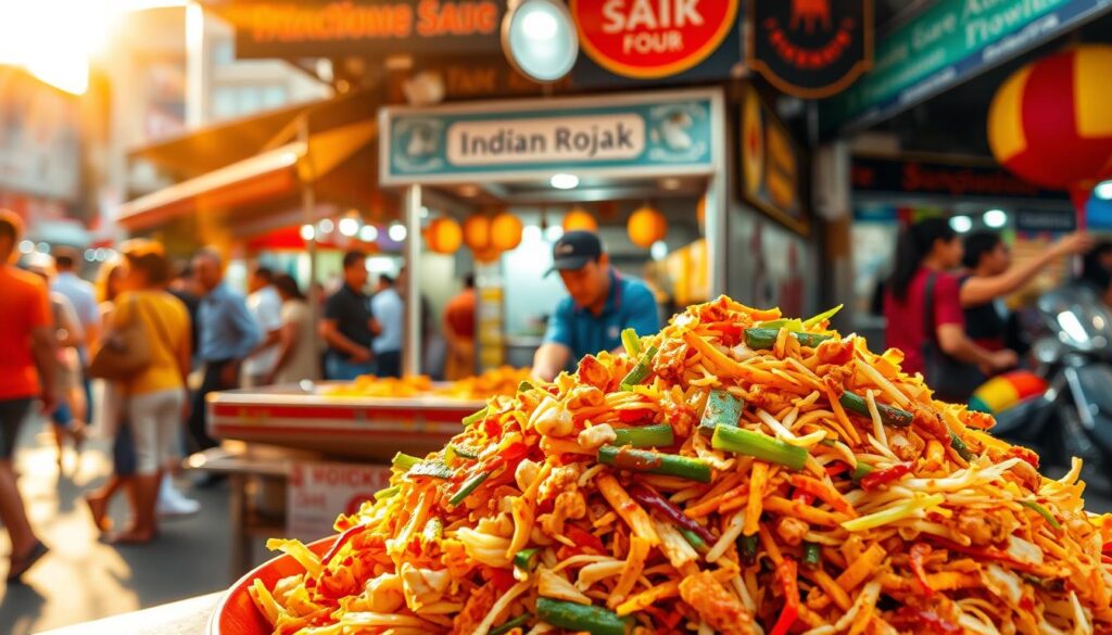 A vibrant and authentic Indian Rojak dish, set against the bustling backdrop of a lively Singapore street market. In the foreground, a mound of freshly prepared Rojak, its colorful array of ingredients - shredded vegetables, crisp fritters, crunchy peanuts, and a sticky, sweet-savory sauce - beckoning to be devoured. The middle ground features the dynamic scene of a small hawker stall, its owner skillfully assembling the dish as curious customers watch. Warm, golden sunlight filters through the scene, casting a cozy glow and adding to the overall sense of atmosphere and energy. The background is alive with the hustle and bustle of the market, with various other food stalls, pedestrians, and the iconic architecture of Singapore creating a visually captivating setting.