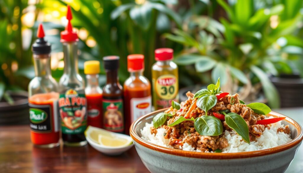 A vibrant and authentic Thai dish, Kra Pow, takes center stage in this image. In the foreground, a steaming bowl of jasmine rice is topped with a generous serving of ground chicken or beef, stir-fried with aromatic holy basil, garlic, and chili peppers. The vivid greens and fiery red hues pop against the neutral tones of the rice and ceramic bowl. In the middle ground, a selection of Thai condiments, such as fish sauce, chili-garlic sauce, and fresh lime wedges, are arranged neatly, inviting the viewer to customize the dish to their desired level of spice and flavor. The background features a lush, tropical setting with verdant foliage and a hint of warm, natural lighting, evoking the vibrant, bustling atmosphere of a traditional Thai street food stall. This image captures the essence of Kra Pow's bold, unforgettable Thai flavors.
