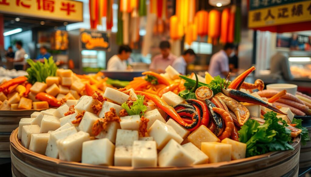 A vibrant and authentic yong tau foo display, showcasing an array of handcrafted tofu, vegetables, and seafood delicacies. The foreground features a selection of carefully curated ingredients, each with its unique shape, texture, and color, meticulously arranged on a traditional bamboo steamer. The middle ground depicts the artful presentation of the dish, with a mix of savory and umami flavors. In the background, a lively hawker center setting, complete with bustling activity and the aroma of sizzling woks, sets the stage for this quintessential Singaporean culinary experience. Warm, natural lighting accentuates the intricate details and vibrant hues, evoking a sense of traditional craftsmanship and the rich heritage of this beloved local delicacy.