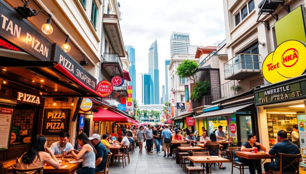 A vibrant and bustling urban scene in the heart of Singapore, showcasing the city's top pizza spots. In the foreground, a cozy Italian-style pizzeria with warm lighting and the aroma of freshly baked pies wafting through the air. Customers seated at wooden tables, engaged in lively conversation and savoring slices of authentic Neapolitan-style pizza. In the middle ground, a diverse array of other pizza establishments, each with its own distinctive character and cuisine, from casual outdoor eateries to upscale establishments. The background features the iconic skyline of Singapore, a blend of modern high-rises and historical landmarks, creating a dynamic and cosmopolitan atmosphere. The image captures the essence of Singapore's thriving pizza culture, inviting viewers to explore and indulge in the city's finest Italian culinary offerings.