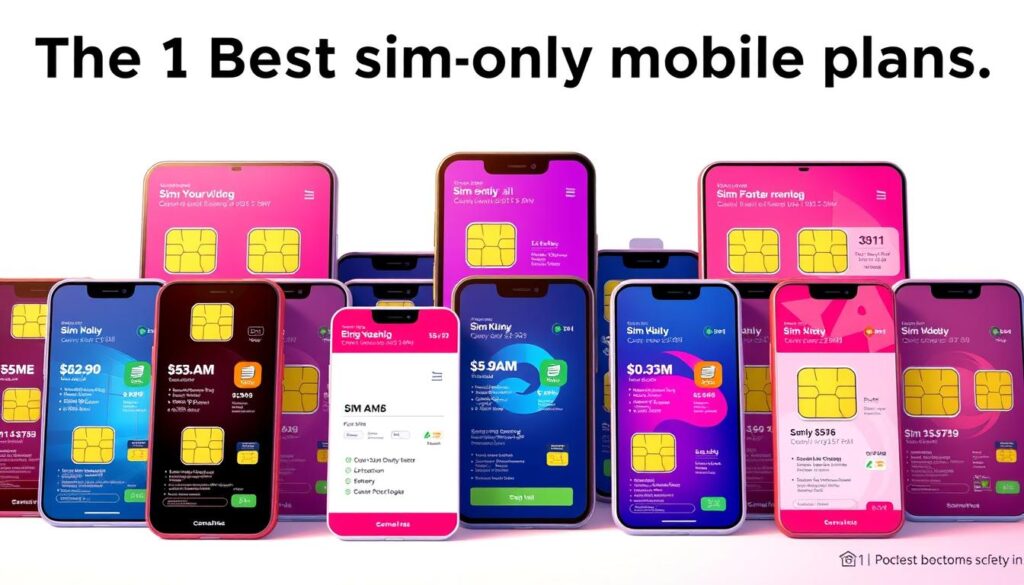 A vibrant and detailed illustration of a range of sim-only mobile plans, presented against a clean, minimalist background. The plans are displayed as realistic, high-quality product shots, showcasing their key features and benefits. The lighting is soft and diffused, creating a warm, inviting atmosphere. The camera angle is slightly elevated, giving the viewer a clear and comprehensive view of the plans. The composition is balanced and visually appealing, with the plans arranged in a visually striking manner. The overall mood is professional, informative, and designed to highlight the best sim-only options available in Singapore.
