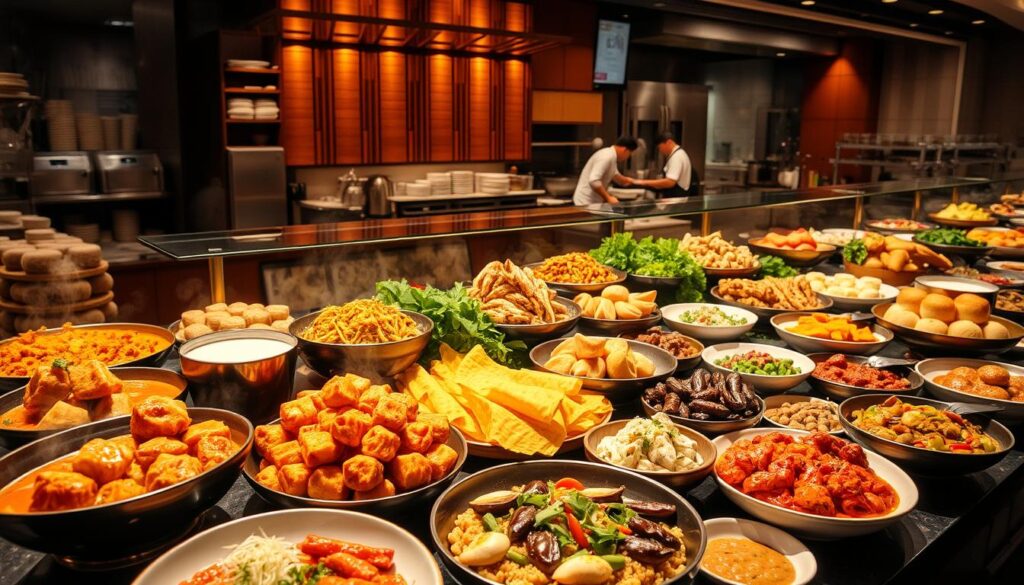 A vibrant and diverse selection of Singaporean culinary delights, captured in a visually captivating scene. In the foreground, an array of steaming hot dishes, including fragrant curries, sizzling satays, and delicate dim sum. The middle ground showcases a variety of colorful salads, fresh seafood, and neatly arranged pastries. In the background, a glimpse of the bustling kitchen, with chefs meticulously preparing the next course. Warm lighting casts a cozy glow, while the clean, modern presentation evokes the high standards of a premier lunch buffet. The overall atmosphere is one of abundance, quality, and the rich cultural heritage of Singaporean cuisine.