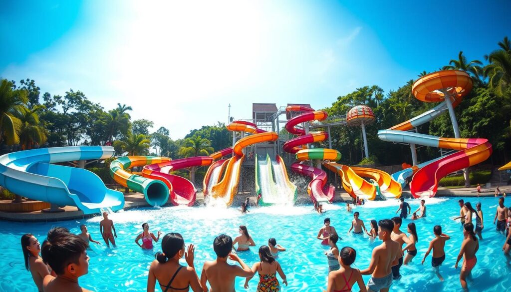 A vibrant and dynamic scene of Singapore's iconic water slides, set against a backdrop of lush greenery and a clear blue sky. The slides twist and turn, their sinuous forms cutting through the air with a sense of exhilaration. Sunlight dances on the water's surface, creating a dazzling display of light and shadow. In the foreground, families and friends gather, their laughter and excitement filling the air. The scene is captured with a wide-angle lens, providing a panoramic view that showcases the unique and innovative design of these swimming pool features. The overall mood is one of joy, adventure, and the celebration of Singapore's diverse and innovative approach to recreation.