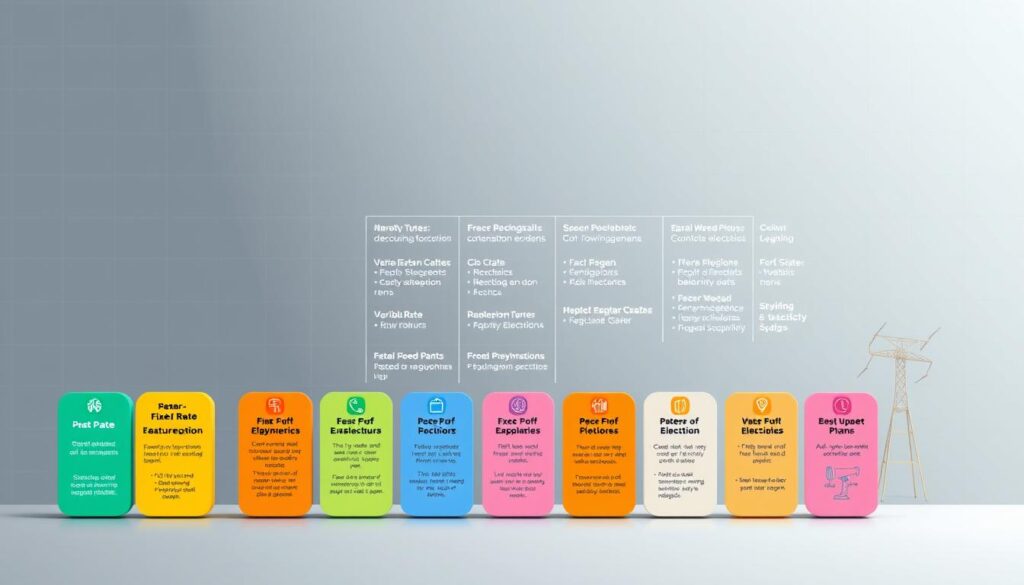 A vibrant and informative illustration depicting the various types of electricity plans available in Singapore. Set against a sleek, modern backdrop, the image showcases a diverse array of plan icons, each with a distinct visual identity. The foreground features a range of plan options, ranging from fixed-rate to variable-rate, with clear and concise descriptions. The middle ground showcases the key features and benefits of each plan, presented in a clean and organized manner. The background blends a subtle grid pattern with muted tones, creating a sense of balance and sophistication. Crisp lighting and a slightly elevated camera angle convey a sense of professionalism and authority, positioning the image as a trusted resource for consumers navigating the Singapore electricity market.