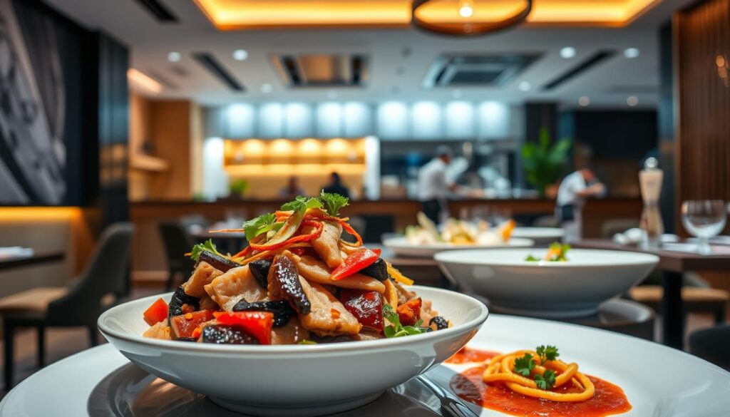 A vibrant and modern Asian dining scene, showcasing an array of culinary delights. In the foreground, a masterfully plated dish featuring a fusion of flavors - tender meats, fresh vegetables, and aromatic spices, all presented with artistic flair. The middle ground reveals a sleek and minimalist dining space, with clean lines, warm lighting, and subtle Asian-inspired decor. In the background, glimpses of a bustling open kitchen, where skilled chefs meticulously prepare each course. The atmosphere exudes a sense of refinement, elegance, and a deep appreciation for the art of contemporary Asian cuisine.