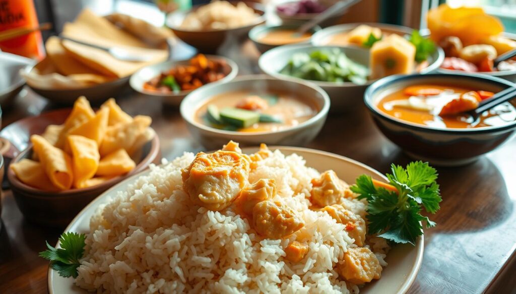 A vibrant and mouthwatering display of signature dishes from the diverse culinary landscape of Singapore. In the foreground, a lush, steaming plate of iconic Hainanese chicken rice, its succulent meat and fragrant rice glistening under soft, natural lighting. In the middle ground, a rich and creamy bowl of Katong laksa, its thick, spicy broth topped with springy noodles and fresh seafood. In the background, a tempting array of flaky roti prata, char kway teow, and other beloved Singaporean specialties, captured in a warm, inviting atmosphere that evokes the bustling hawker centers and family-run eateries that define the nation's celebrated food culture.
