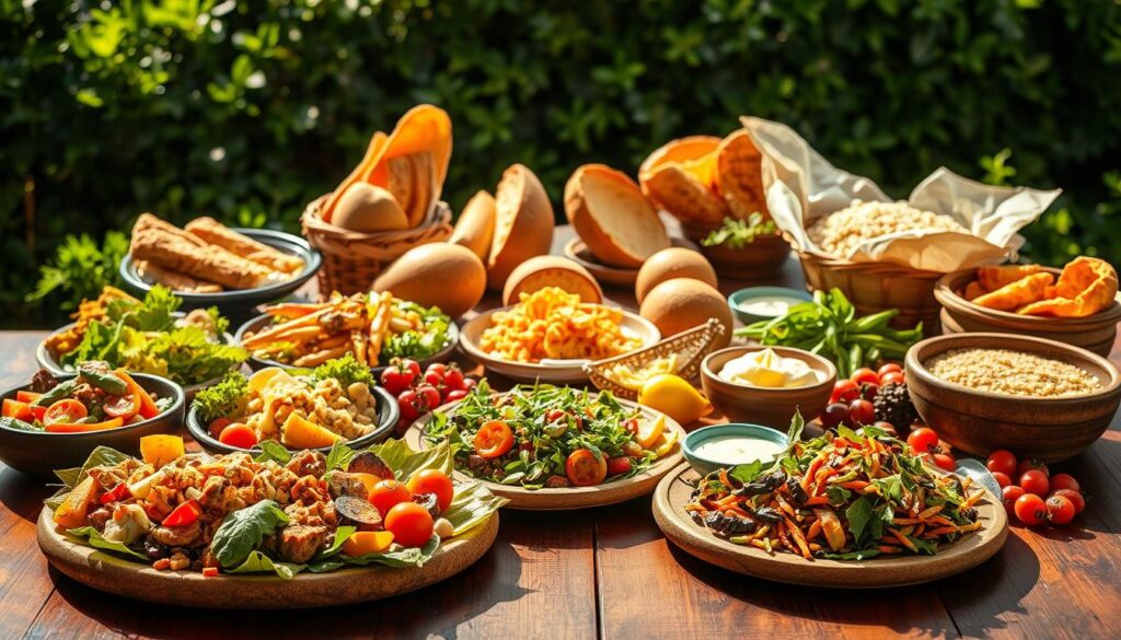 A vibrant, appetizing display of vegetarian dishes on a wooden table, bathed in warm, natural lighting. In the foreground, a selection of colorful salads, roasted vegetables, and plant-based protein sources artfully arranged. In the middle ground, a variety of freshly baked breads, grains, and dips. The background features a lush, verdant backdrop, creating a calming, organic atmosphere. The overall composition conveys a sense of health, sustainability, and culinary delight, perfectly capturing the essence of the "Vegetarian and Vegan Options" section.