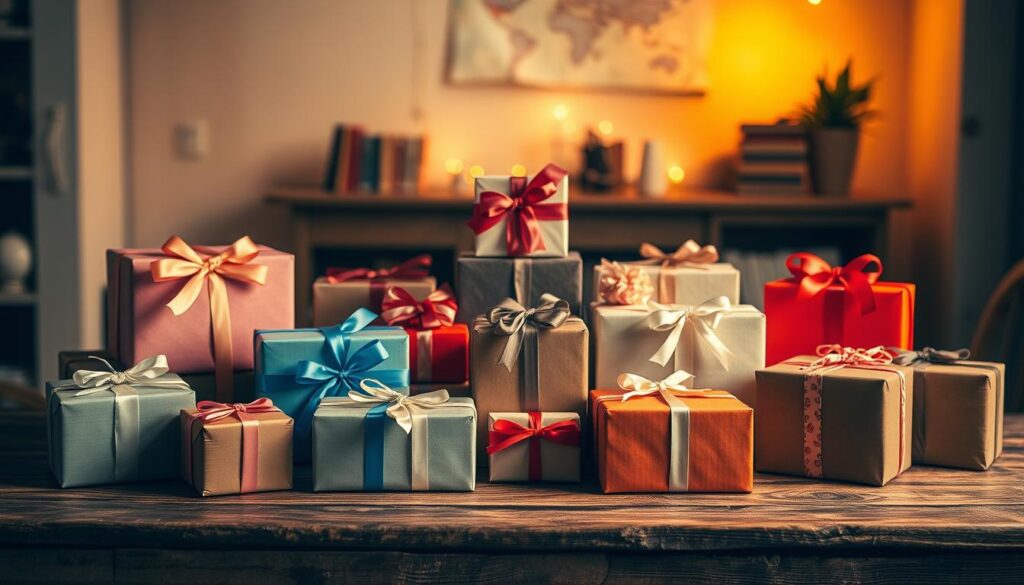 A vibrant arrangement of gift boxes in a warm, inviting setting. Foreground features an assortment of elegantly wrapped presents in various sizes and colors, tied with bows and ribbons. Middle ground showcases a rustic wooden table, with a soft, diffused light illuminating the scene. In the background, a cozy, ambient atmosphere with muted tones and subtle textures, creating a sense of intimacy and celebration. The lighting is natural and warm, casting gentle shadows and highlights to accentuate the texture and depth of the scene. The overall composition is balanced, drawing the viewer's eye to the thoughtfully presented gifts, evoking a feeling of anticipation and joy.