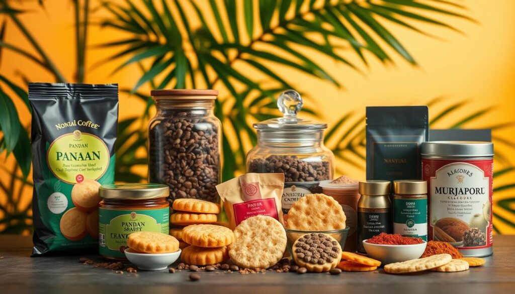 A vibrant assortment of Singaporean food souvenirs set against a warm, golden-hued backdrop. In the foreground, an array of traditional snacks and confections - pandan-flavored kaya spread, buttery pineapple tarts, and crisp murukku crackers. In the middle ground, an elegant glass jar filled with aromatic Singapore-blend coffee beans, and a sleek tin of premium spices. The background features lush tropical foliage, casting a soft, dappled light across the scene. The overall composition conveys a sense of cultural richness, local craftsmanship, and the enticing flavors of Singapore waiting to be discovered and shared as cherished mementos.