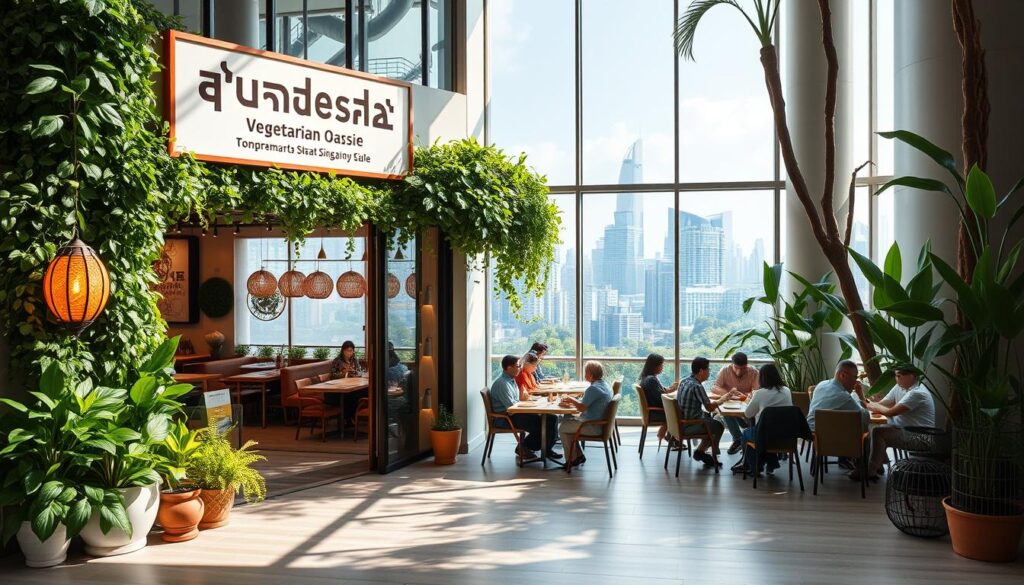 A vibrant, bustling vegetarian oasis in the heart of Singapore's Fortune Centre. The facade features a lush, verdant entryway with potted plants and a warm, inviting sign. Inside, the restaurant's spacious dining area is bathed in natural light, with clean, minimalist decor and neatly arranged tables. Patrons sit enjoying an array of colorful, artfully-prepared vegetarian dishes, surrounded by the soothing hum of conversation. In the background, a panoramic view of the bustling city skyline is visible through large windows, creating a serene, balanced atmosphere.