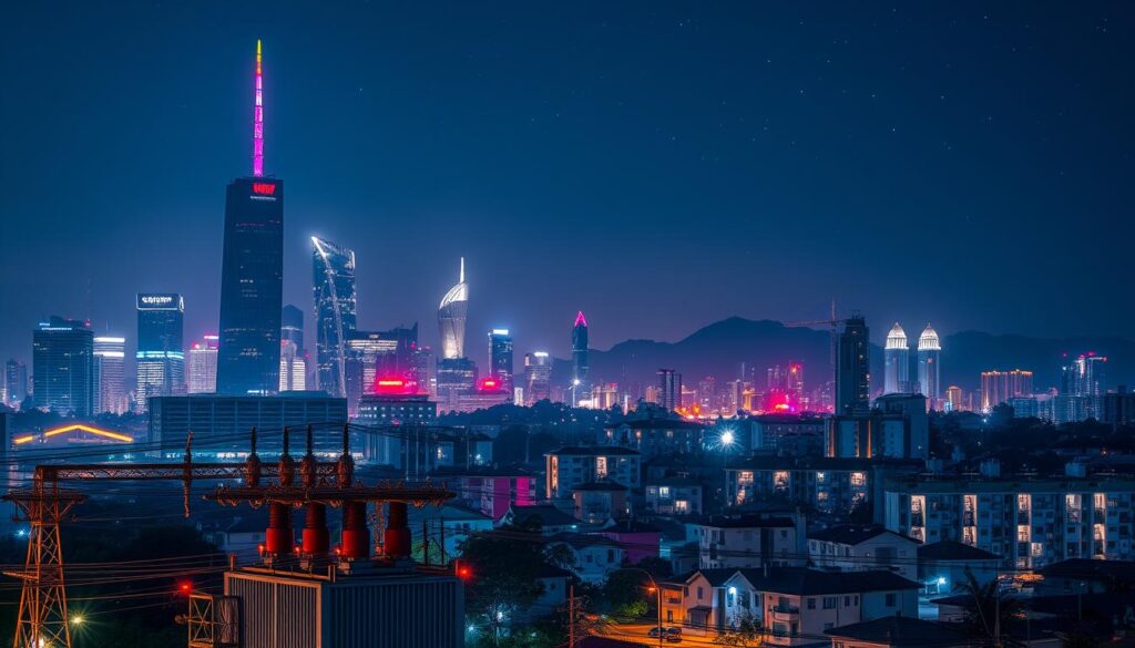 A vibrant cityscape at night, with skyscrapers and high-rise buildings illuminated by a network of pulsing, neon-like power lines. In the foreground, a transformer substation hums with electricity, casting a warm glow over the scene. The middle ground features various residential and commercial buildings, their windows lit up, suggesting the constant demand for power. In the background, the night sky is dotted with stars, creating a serene contrast to the dynamic energy of the urban landscape. The overall atmosphere conveys the idea of a thriving, modern city that relies heavily on a reliable and efficient electricity supply.