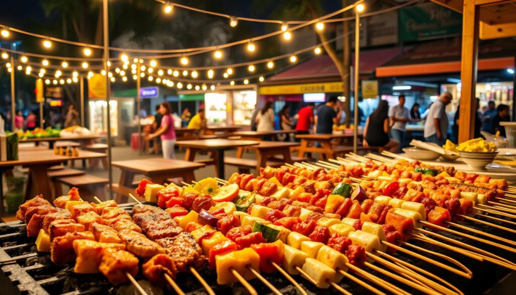 A vibrant display of Malaysian street food delights, with an array of colorful and sizzling skewers taking center stage. In the foreground, an assortment of meat, seafood, and vegetable skewers sizzle over a charcoal grill, their savory aromas wafting through the air. The middle ground showcases a lively outdoor dining setting, with wooden benches and tables set up beneath a canopy of string lights, creating a warm and inviting ambiance. In the background, a bustling night market scene unfolds, with vendors hawking their wares and patrons eagerly exploring the diverse culinary offerings. The lighting is soft and golden, casting a cozy glow over the entire scene, capturing the authentic and affordable charm of this Malaysian street food haven.