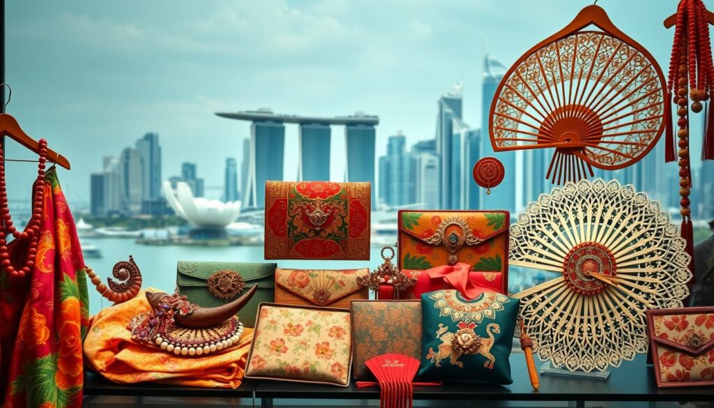 A vibrant display of Singapore's fashion and accessories, captured in a high-resolution, photorealistic image. In the foreground, a collection of iconic Singaporean fashion items such as colorful batik-print sarongs, intricate beaded necklaces, and delicate lace fans. In the middle ground, a selection of traditional Peranakan-inspired accessories like embroidered clutches, ornate hair pins, and delicate hair combs. The background features a glimpse of the bustling city skyline, with the iconic Marina Bay Sands and modern skyscrapers creating a sleek, urban backdrop. The lighting is soft and diffused, highlighting the intricate details and vibrant hues of the displayed items. The overall mood is one of cultural richness, elegance, and modern sophistication.