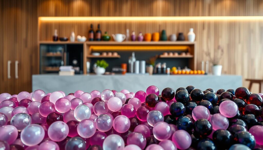 A vibrant display of exotic pearl flavors, captured in a meticulously crafted bubble tea shop setting. In the foreground, an array of translucent pearls in captivating hues, ranging from iridescent lavender to deep indigo, inviting the senses to explore their unique textures and flavors. The middle ground showcases a sleek, minimalist counter, its surface adorned with a mix of traditional and modern bubble tea accessories, creating a visually striking and harmonious composition. In the background, a warm, natural-toned wooden backdrop, accentuated by subtle lighting, infuses the scene with a cozy and inviting atmosphere, evoking a sense of artisanal craftsmanship and attention to detail.