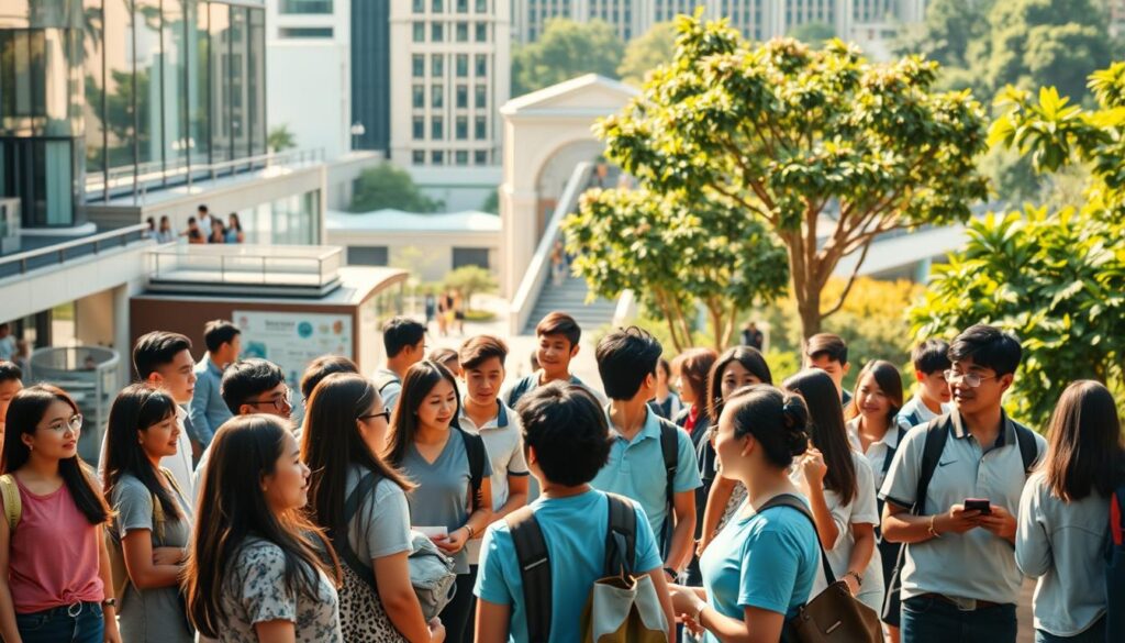 A vibrant, dynamic scene depicting the top junior college programmes in Singapore. In the foreground, a group of diverse students engaged in lively discussions, surrounded by the state-of-the-art facilities of a prestigious junior college campus. The middle ground showcases modern, well-equipped classrooms and laboratories, while the background features the iconic architecture and lush greenery that characterize the top educational institutions in the country. Warm, natural lighting illuminates the scene, conveying a sense of academic excellence, intellectual curiosity, and a thriving learning environment. The overall composition evokes the energy, innovation, and high standards that define the leading junior colleges in Singapore.