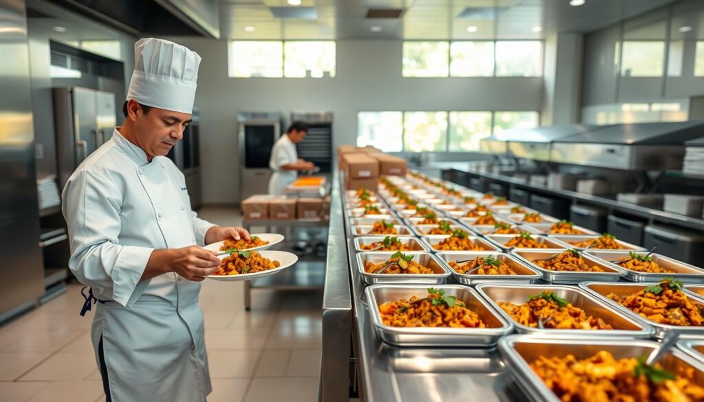 A vibrant, halal-certified catering setup in a modern, well-lit kitchen. Rows of fragrant, freshly-prepared dishes on stainless steel countertops, garnished with aromatic herbs and spices. In the foreground, a chef in a crisp white uniform expertly plates a delectable curry dish, while behind them, assistants efficiently package boxed meals. The background features sleek appliances, clean tile floors, and large windows letting in warm, natural light. An atmosphere of precision, cleanliness, and culinary expertise, reflecting the high standards of halal food preparation.