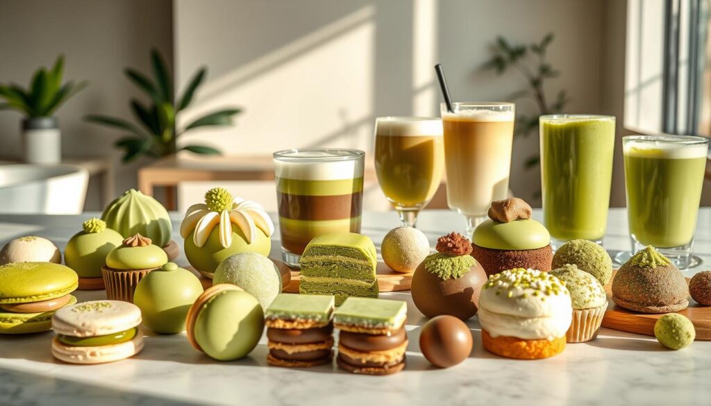 A vibrant, high-resolution image of an array of unique and visually captivating matcha-based desserts and drinks. In the foreground, an assortment of delicate matcha macarons, matcha-infused chiffon cakes, and matcha-dusted truffles arranged artfully on a marble or wooden surface, with a warm, natural lighting casting gentle shadows. The middle ground features a variety of matcha-based beverages, such as creamy matcha lattes, frothy matcha cappuccinos, and iced matcha tea, presented in elegantly designed glassware. The background showcases a minimalist, clean-lined café setting, with hints of greenery and natural textures to evoke a serene, tranquil ambiance. The overall composition should exude a sense of refinement, craftsmanship, and the unique, distinctive flavors of matcha.