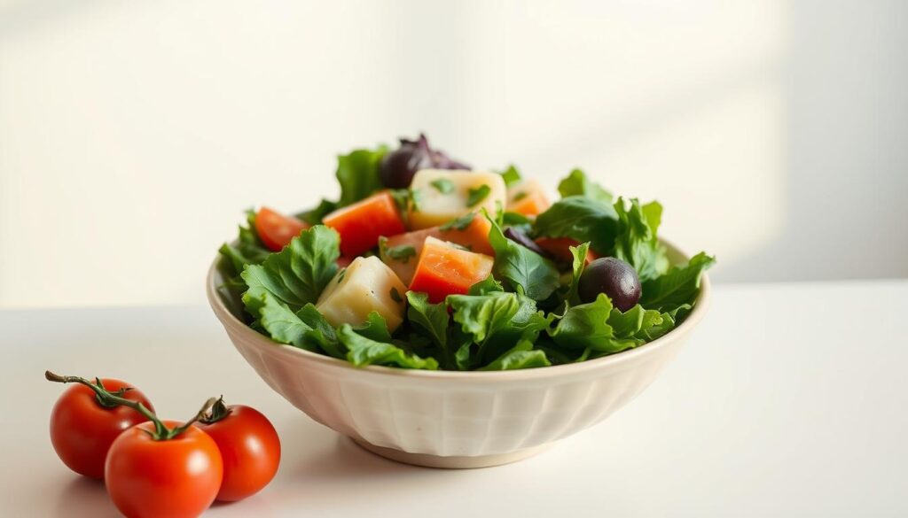 A vibrant, minimalist salad bowl rests on a clean, white tabletop, its contents a tempting medley of fresh greens, crisp vegetables, and a light, tantalizing dressing. The bowl's simple, elegant design features a subtle textured finish, lending an affordable yet premium feel. Soft, diffused lighting from above casts a warm glow, highlighting the bowl's natural hues and the inviting salad within. The overall scene conveys a sense of wholesome, accessible nutrition, perfect for the health-conscious city dweller seeking a delicious, budget-friendly lunch option. A vibrant, minimalist salad bowl rests on a clean, white tabletop, its contents a tempting medley of fresh greens, crisp vegetables, and a light, tantalizing dressing. The bowl's simple, elegant design features a subtle textured finish, lending an affordable yet premium feel. Soft, diffused lighting from above casts a warm glow, highlighting the bowl's natural hues and the inviting salad within. The overall scene conveys a sense of wholesome, accessible nutrition, perfect for the health-conscious city dweller seeking a delicious, budget-friendly lunch option.
