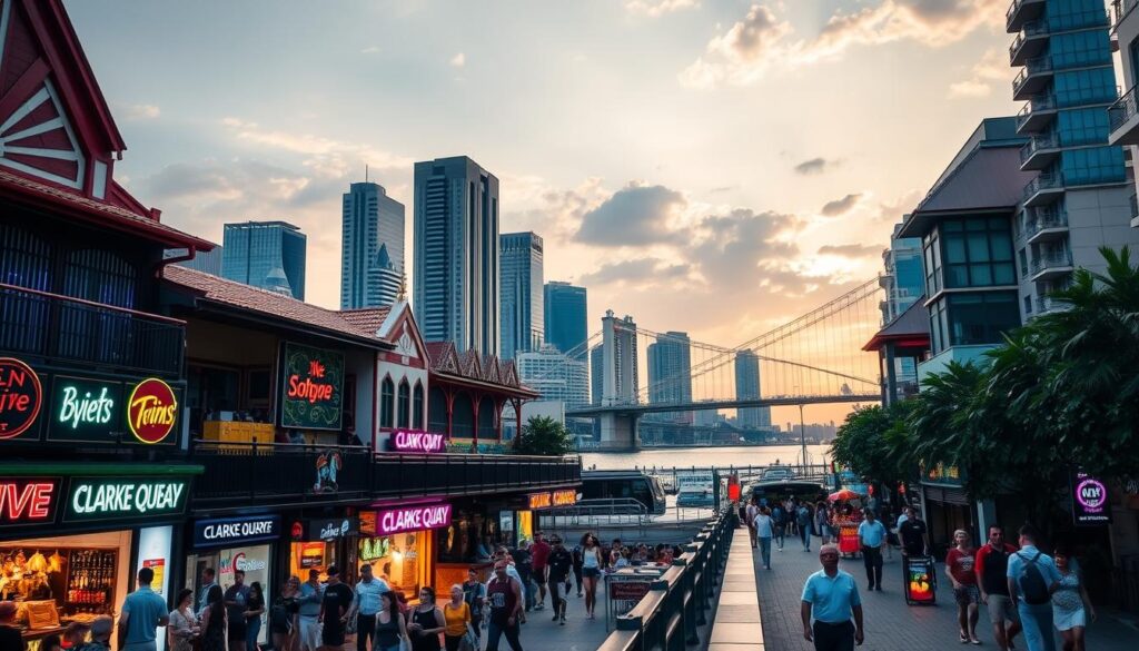 A vibrant night scene in Clarke Quay, Singapore, showcasing its bustling shopping and entertainment district. In the foreground, brightly lit store fronts and neon-adorned bars create a lively atmosphere. Mid-ground features pedestrians strolling along the riverside promenade, admiring the colorful architecture and lively street performers. The background is dominated by the iconic suspension bridges and towering skyscrapers, bathed in a warm, golden glow from the setting sun. The overall mood is one of energy, excitement, and a fusion of modern urban sophistication with a hint of old-world charm.