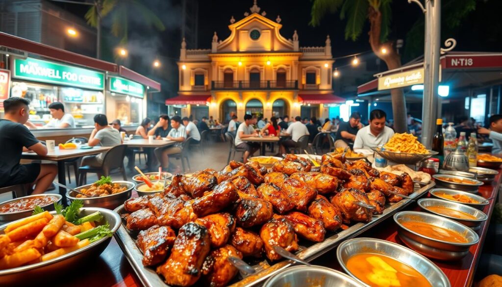 A vibrant outdoor dining experience at a lively Singaporean hawker center. In the foreground, a table laden with a bountiful spread of sizzling barbecued meats, charred to perfection, accompanied by an array of tantalizing local condiments and side dishes. The middle ground features the bustling atmosphere of the Maxwell Food Centre, with patrons seated around communal tables, immersed in lively conversation. In the background, the iconic architecture of the historic building, bathed in warm, golden lighting, creating a cozy and inviting ambiance. The scene evokes the rich culinary heritage and convivial spirit of a quintessential Singaporean hawker experience.