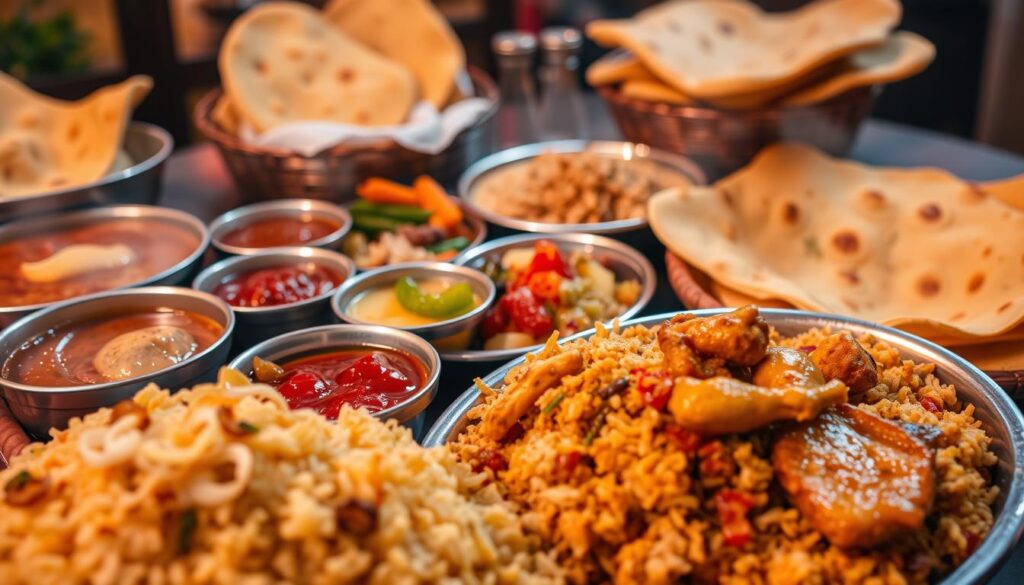 A vibrant spread of Indian Muslim delicacies, featuring a colorful array of curries, rice dishes, and savory accompaniments. The foreground showcases steaming biryani, fragrant with spices and garnished with fried onions, alongside a creamy korma brimming with tender chicken. In the middle ground, an assortment of chutneys and pickles add pops of color and vibrant flavors, while in the background, a platter of flaky, golden-brown roti and naan breads await to soak up the rich sauces. The scene is bathed in warm, diffused lighting, capturing the rich, aromatic ambiance of an authentic Indian Muslim eatery. The overall composition evokes a sense of cultural diversity and the tantalizing, immersive experience of indulging in this vibrant cuisine.