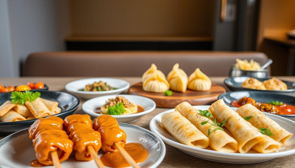 A vibrant spread of tapas dishes, each plate brimming with a distinct Singaporean flair. In the foreground, a trio of skewered satay, their peanut sauce glistening under warm lighting. Beside them, crisp-fried spring rolls burst with a blend of aromatic herbs and spices. In the middle ground, delicate dumplings sit atop a wooden board, their pleated wrappers hinting at the savory fillings within. The background features a sleek, minimalist setting, with clean lines and subtle Asian-inspired accents, creating an atmosphere of refined elegance. The overall scene exudes a tantalizing blend of familiar flavors and contemporary presentation, inviting the viewer to experience the captivating fusion of Singaporean and tapas traditions.