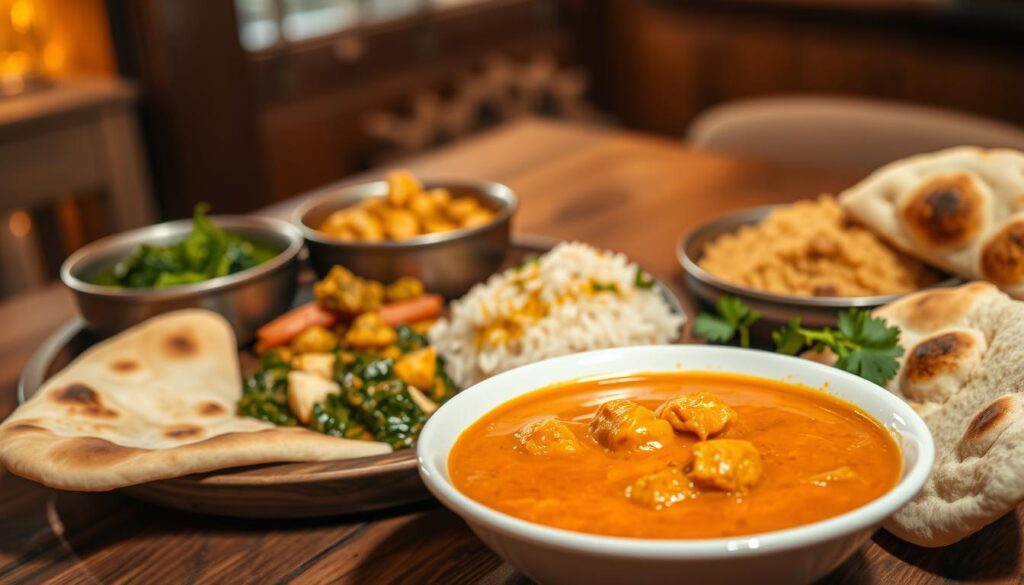 A vibrant still life of authentic north Indian cuisine, beautifully presented on a rustic wooden table. In the foreground, a steaming bowl of fragrant butter chicken, its creamy orange-red sauce glistening. Naan bread, freshly baked, rests alongside, ready to soak up every delectable morsel. In the middle ground, an array of colorful accompaniments - vibrant green spinach paneer, golden-hued lentil dahl, and a fragrant basmati rice pilaf. The background features a warm, ambient lighting, casting a soft, golden glow over the scene, evoking the cozy atmosphere of a family-owned north Indian restaurant. The composition is balanced, the colors rich and inviting, capturing the essence of this beloved culinary tradition.