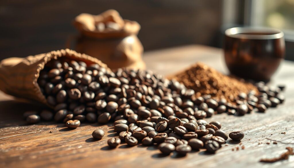 A vibrant still life of premium coffee beans sourced from Singapore, meticulously arranged on a rustic wooden table. Soft natural lighting gently illuminates the glossy surfaces, accentuating the rich brown hues and intricate textures. In the foreground, a handful of whole beans spills out, while the middle ground features a scattering of roasted and ground coffee. The background subtly blurs, drawing the eye to the delectable focal point. An atmospheric composition that captures the essence of Singapore's thriving specialty coffee culture.