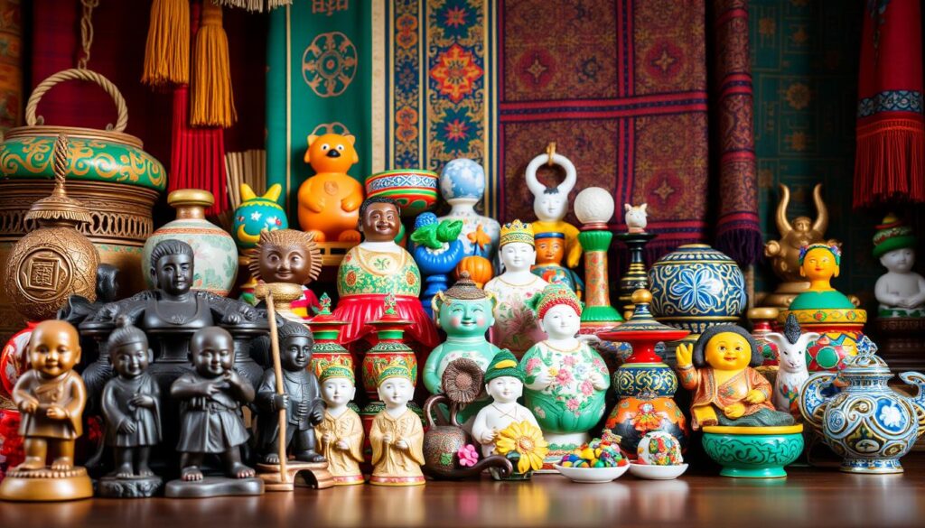 A vibrant still life showcasing a diverse collection of traditional Singaporean cultural mementos. In the foreground, a cluster of intricately carved wooden figurines, their intricate details illuminated by soft, warm lighting. In the middle ground, an array of colorful ceramic trinkets, each bearing unique patterns and motifs inspired by Singaporean heritage. The background features traditional textiles, their rich hues and intricate weaves creating a visually captivating backdrop. The composition is balanced and harmonious, conveying a sense of cultural richness and timeless elegance.
