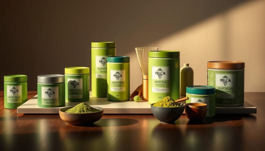 A vibrant still life showcasing a selection of premium matcha tea brands from Singapore. The foreground features an assortment of ceremonial-grade matcha powder canisters in various shades of green, arranged artfully on a sleek, minimalist wooden surface. The middle ground includes some traditional Japanese matcha whisks and scoops, casting delicate shadows. The background is a softly-lit, neutral-toned setting, creating a serene and sophisticated ambiance. Warm, natural lighting illuminates the scene, highlighting the vibrant green tones and matte textures of the matcha products. The overall composition evokes the elegance and precision of the Japanese tea ceremony, inviting the viewer to appreciate the high-quality, artisanal nature of these premium matcha brands.