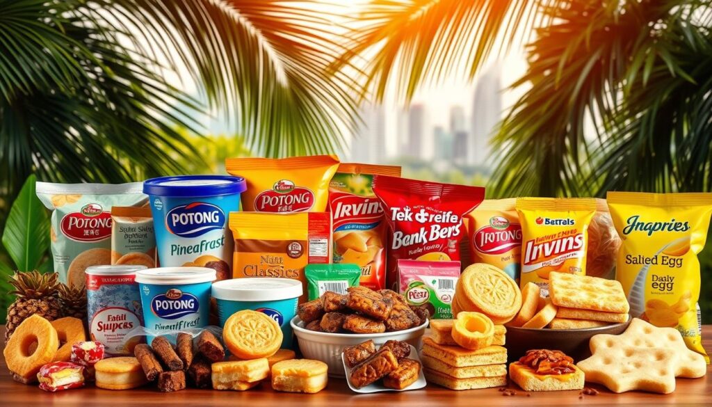 A vibrant still life showcasing an assortment of iconic Singaporean snacks. In the foreground, an array of traditional sweets and snacks such as pineapple tarts, kaya toast, and bak kwa (barbecued meat). In the middle ground, various classic local snack brands like Potong ice cream, Beng Beng wafers, and Irvins salted egg chips. The background features a lush tropical backdrop, with palm fronds and glimpses of the Singapore skyline. Warm, diffused lighting illuminates the scene, creating a welcoming and inviting atmosphere. The composition is balanced and visually appealing, capturing the unique flavors and cultural essence of Singaporean cuisine.
