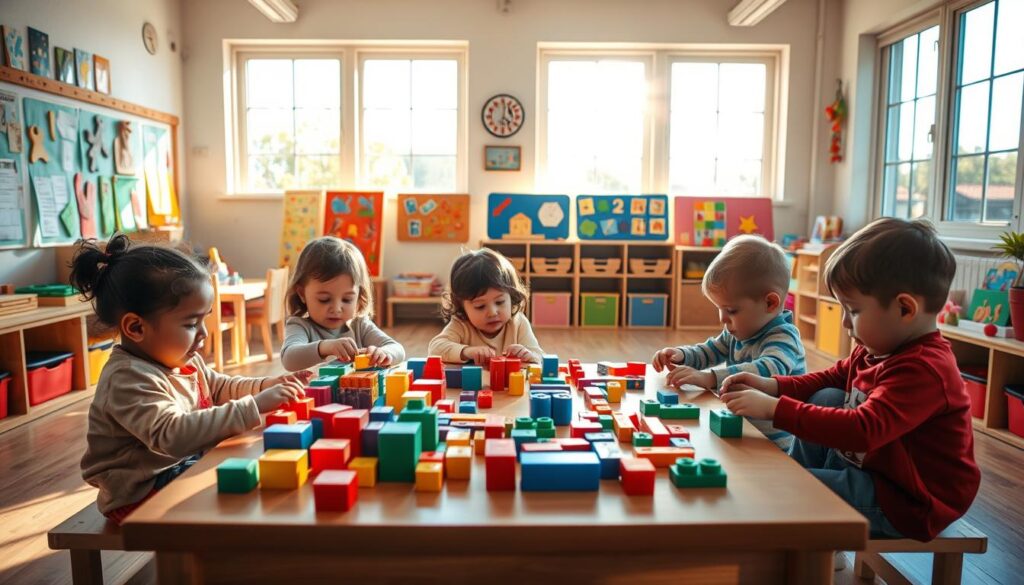 A vibrant, sun-drenched classroom setting where young children engage in hands-on learning activities. In the foreground, a group of preschoolers sit at a low wooden table, their faces alight with concentration as they manipulate colorful blocks, shapes, and building materials. The middle ground showcases an array of educational tools and resources, from felt boards to interactive puzzles, all carefully arranged to spark curiosity and discovery. The background features large windows that allow natural light to flood the space, casting a warm, inviting glow and creating an atmosphere of wonder and exploration. The overall scene conveys a sense of joy, creativity, and the nurturing of young minds.