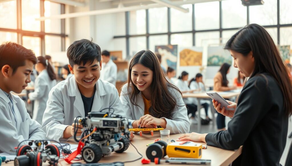 A vibrant, well-equipped junior college campus with students engaged in diverse, hands-on learning activities. In the foreground, a group of students collaborating on a robotics project, their faces alight with curiosity and determination. In the middle ground, a science lab where students in white coats carefully conduct experiments. In the background, an art studio where students immerse themselves in creative pursuits, their brushstrokes animating the canvas. Soft, natural lighting filters through large windows, casting a warm, inspiring glow across the entire scene. The atmosphere is one of intellectual dynamism and holistic development, reflecting the unique, cutting-edge programmes that set this junior college apart.