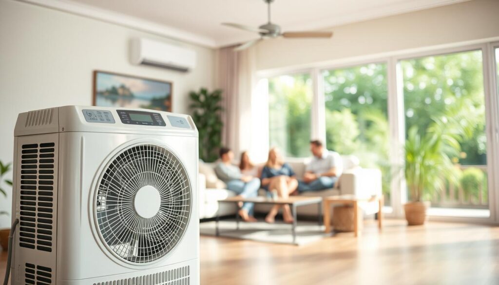 A vibrant, well-lit interior scene showcasing the benefits of regular air conditioning maintenance. In the foreground, a gleaming, well-serviced air conditioner unit stands prominently, its clean coils and gently whirring fan conveying efficient performance. In the middle ground, a family relaxes comfortably in a living room, basking in the cool, fresh air circulated by the well-maintained system. The background depicts a verdant outdoor scene, hinting at the energy savings and environmental benefits of a properly maintained HVAC system. The overall atmosphere is one of calm, comfort, and the peace of mind that comes with a properly serviced air conditioner.
