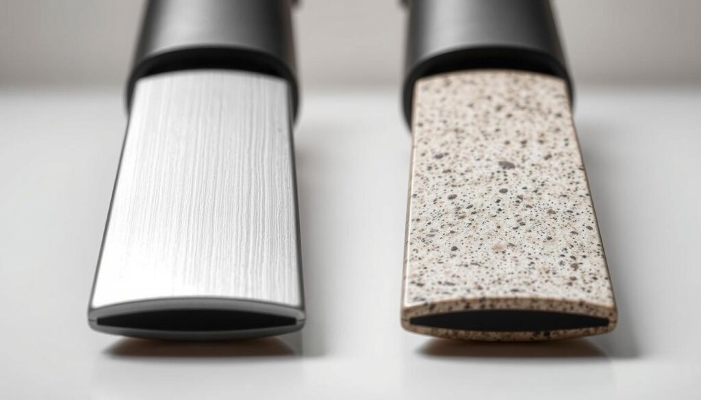 A visually striking close-up image of two contrasting hair straightener plates - one made of sleek, silver titanium and the other of mottled, earthy ceramic. The plates are positioned side-by-side, with crisp, even lighting illuminating their distinct textures and thermal properties. The background is a softly blurred, monochromatic gradient, allowing the plates to take center stage and inviting the viewer to examine their nuanced differences. The overall mood is clean, refined, and educational, highlighting the key factors to consider when choosing the best hair straightener for your hair type.