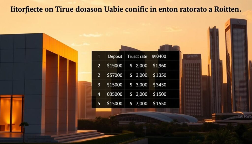 A visually striking landscape depicting the top fixed deposit rates in Singapore as of August 2025. The foreground showcases a sleek, modern financial building with a clean, minimalist facade bathed in warm, golden lighting, symbolizing the stability and reliability of the banking sector. In the middle ground, a grid of numerical values representing the various fixed deposit rates floats against a backdrop of a cityscape, the skyscrapers casting long, dramatic shadows. The overall mood is one of sophistication, precision, and financial security, conveying the importance of carefully researching the best deposit options for Singaporean consumers.