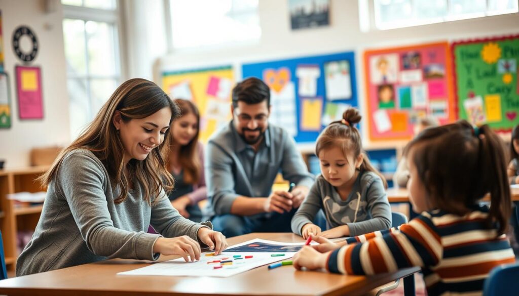 A warm and inviting classroom setting, with a group of parents actively engaged with their children's learning. In the foreground, a teacher guides a student through a hands-on activity, their faces lit by soft, natural lighting that filters through large windows. In the middle ground, parents sit alongside their children, collaborating on a project, their expressions reflecting a sense of collaboration and shared purpose. The background depicts vibrant, colorful displays showcasing student work, creating an atmosphere of creativity and intellectual curiosity. The overall scene conveys the importance of parental involvement in nurturing a child's educational journey, with a harmonious blend of home and school life.
