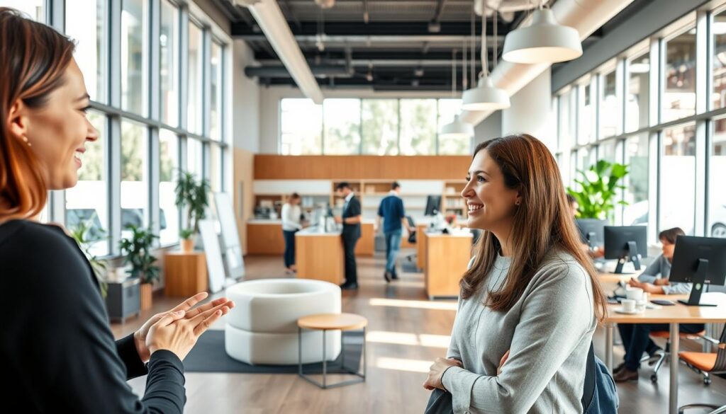 A warm and welcoming office space, flooded with natural light from large windows. In the foreground, a smiling customer service representative greets a customer, their interaction conveying a sense of empathy and understanding. The middle ground showcases a variety of customer-centric amenities, such as comfortable seating, refreshments, and informative displays. The background depicts a clean, organized work environment, with team members collaborating seamlessly to provide exceptional service. The overall atmosphere exudes a professional, yet approachable and efficient vibe, reflecting the company's commitment to customer-centricity.