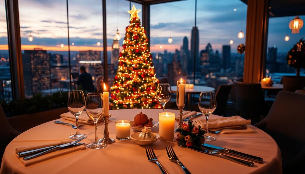 A warm, intimate Christmas dinner scene in a cozy rooftop restaurant. The foreground features a beautifully set table with white linen, polished silverware, and flickering candles casting a soft, golden glow. In the middle ground, a large, decorated Christmas tree stands tall, its twinkling lights reflecting in the windowpanes. The background showcases a panoramic view of the city skyline, bathed in the hues of a winter sunset. The atmosphere is one of comfort, elegance, and quiet celebration, inviting the viewer to imagine themselves indulging in a memorable, festive meal.