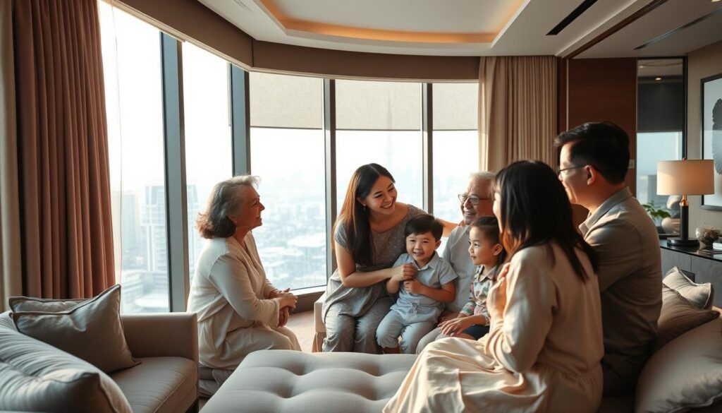 A warm, intimate family gathering in a chic, modern Singapore hotel suite. In the foreground, a multigenerational group shares a heartfelt moment - grandparents, parents, and children laughing and embracing. Soft natural lighting filters through large windows, casting a glow on their faces. In the middle ground, plush furnishings and tasteful decor create a cozy, luxurious ambiance. The background features a panoramic view of the city skyline, with iconic landmarks visible in the distance. An atmosphere of genuine connection, comfort, and memorable experience pervades the scene.