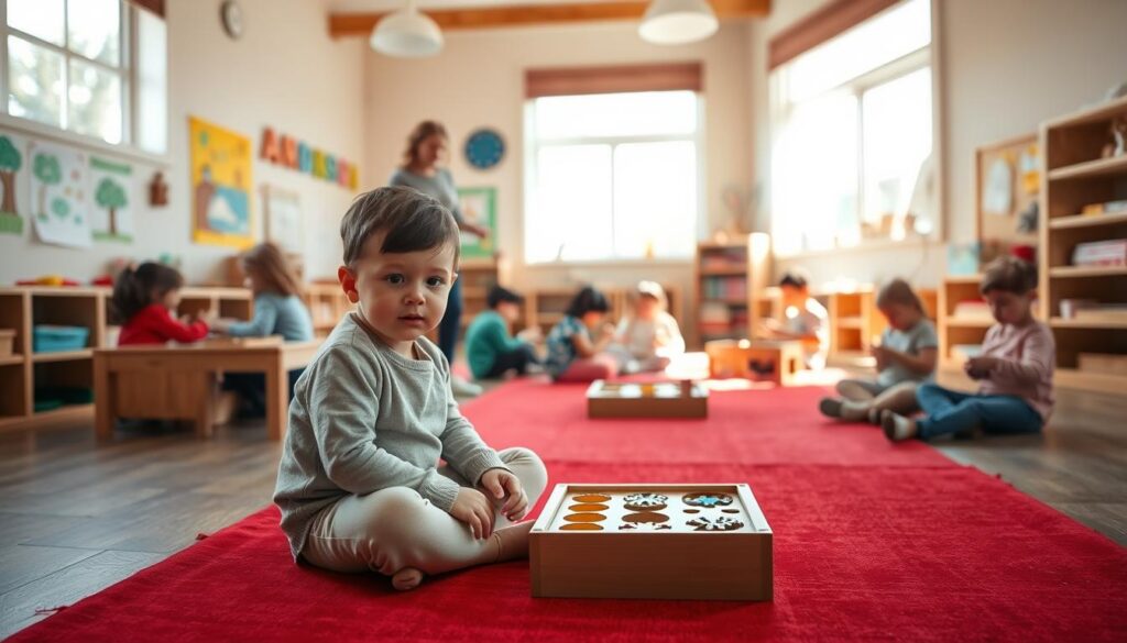 A warm, inviting classroom with natural light streaming through large windows. In the foreground, a young child sits cross-legged on a vibrant red rug, deeply engaged in a Montessori learning material, their face alight with curiosity. In the middle ground, other children work individually or in small groups, each absorbed in their own personalized activities. The walls are adorned with colorful displays of artwork and learning aids, reflecting the diverse interests and abilities of the students. The atmosphere is one of calm focus, with the teacher moving unobtrusively between the children, offering gentle guidance and support. The overall scene conveys a sense of a nurturing, stimulating environment that fosters independent learning and individual growth.