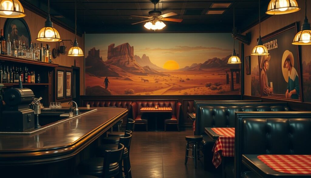 A warm, inviting diner interior with a classic Western aesthetic. In the foreground, a well-worn wooden bar and stools, with a vintage cash register and shelves stocked with bottles and glasses. The middle ground features a cozy dining area with red-checkered tablecloths, leather booths, and old-fashioned lighting fixtures casting a soft glow. The background showcases a large mural depicting a picturesque Western landscape, with dusty mountains, a lone cowboy, and a setting sun. The overall atmosphere evokes a timeless, nostalgic feel of an authentic American dining experience.