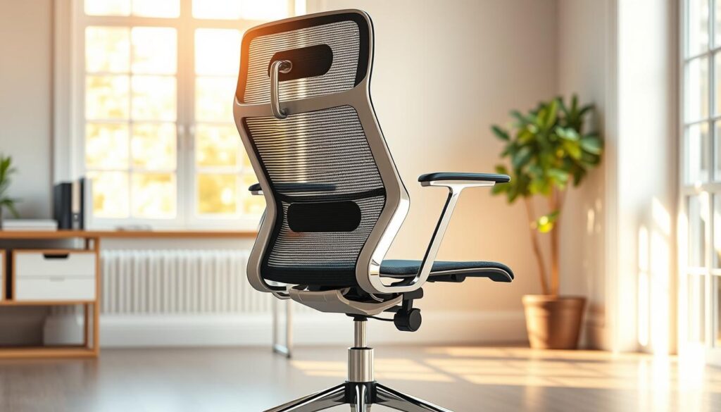 A well-designed, ergonomic office chair in a modern, minimalist style. The chair features a high-backed, contoured seat with lumbar support for lower back comfort. The sleek, chrome-finished frame is complemented by a premium, breathable mesh backrest that promotes airflow. Adjustable armrests and a swivel base allow for customized support and mobility. Positioned in a bright, airy home office setting with warm, diffused lighting from large windows. The chair is the focal point, showcasing its elegant, functional design that prioritizes user comfort and productivity.