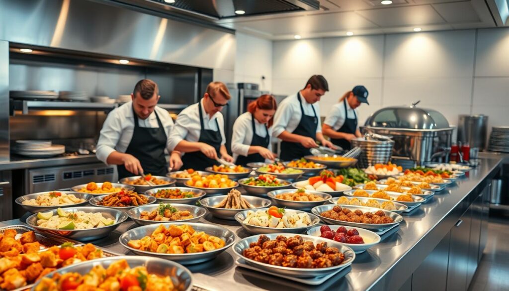 A well-equipped catering service team meticulously preparing a lavish spread of diverse dishes, from gourmet appetizers to decadent desserts, on a sleek stainless steel counter under warm, focused lighting. In the background, a modern kitchen with gleaming appliances and pristine surfaces, reflecting the professionalism and attention to detail of the catering service. The scene conveys a sense of culinary expertise, efficient organization, and a commitment to delivering an exceptional dining experience.