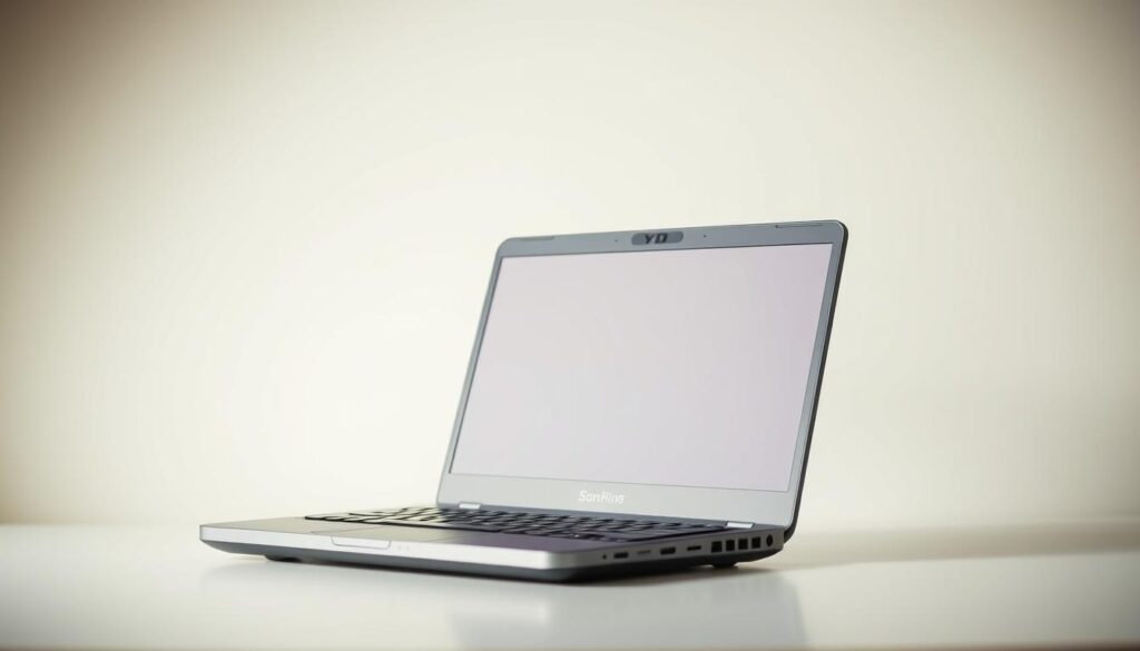 A well-lit and high-quality photograph of a budget laptop, showcasing its key features. The laptop is positioned prominently in the center of the frame, against a plain, slightly blurred background that emphasizes the device. The laptop's display is open, revealing a clean, minimalist interface. The keyboard, ports, and other physical details are clearly visible, allowing the viewer to appreciate the laptop's design and functionality. The image has a warm, inviting tone, conveying the laptop's accessibility and value for money. The lighting is soft and natural, creating a sense of depth and dimension. The camera angle is slightly elevated, giving the viewer a slightly elevated perspective on the subject.