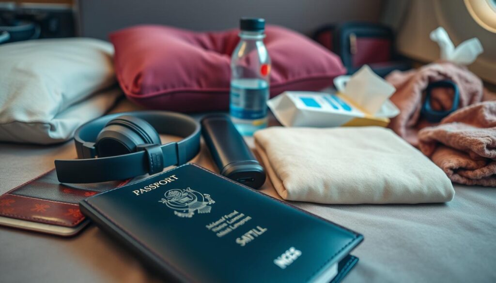 A well-lit close-up of a traveler's essential items for a comfortable bus journey from Singapore to Kuala Lumpur, shot with a wide-angle lens. In the foreground, a leather passport holder, noise-cancelling headphones, and a compact power bank. In the middle ground, a soft travel pillow, a refillable water bottle, and a pair of comfortable slip-on shoes. In the background, a cozy blanket, a pack of tissues, and a small toiletry bag. The overall mood is one of organized preparedness, with a warm, inviting color palette suggesting a smooth, relaxing bus ride ahead.