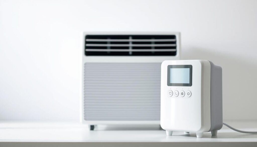 A well-lit, crisp, and detailed image of an energy-efficient appliance, like a modern air conditioner or a smart thermostat, set against a clean, minimalist background. The appliance is showcased in the foreground, with a sleek, contemporary design and energy-saving features prominently displayed. The middle ground features a subtle, natural backdrop, such as a blurred cityscape or a serene, green landscape, to convey the idea of sustainability and environmental consciousness. The lighting is soft and diffused, creating a sense of tranquility and efficiency. The overall composition is balanced and visually appealing, highlighting the key features of the energy-efficient technology.