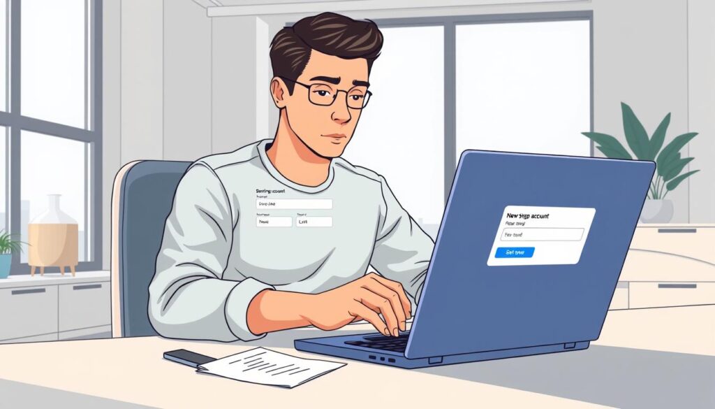 A well-lit, detailed illustration of a person sitting at a desk, opening a laptop and navigating a banking website to set up a new savings account. The scene is set in a modern, minimalist office interior with clean lines, muted colors, and natural lighting from a large window. The person's expression conveys a sense of focus and determination as they carefully follow the onscreen instructions. The composition emphasizes the ease and simplicity of the account opening process, capturing the key steps in a visually compelling way.